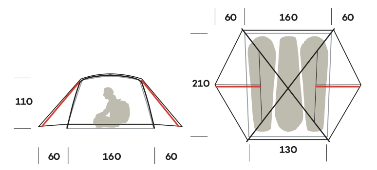 Dimensions in cm of the Nemesi 3 Pro Ferrino tent